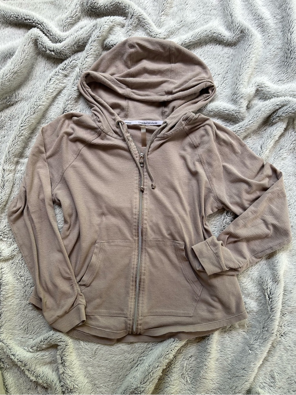 Calvin Klein Lightweight Taupe Waffle-Knit Zip Performance Hoodie